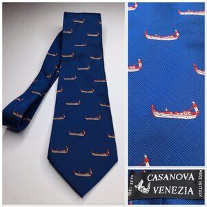 Vintage Casanova Venezia Blue Silk Tie Novelty Gondola Boat Pattern Made Italy